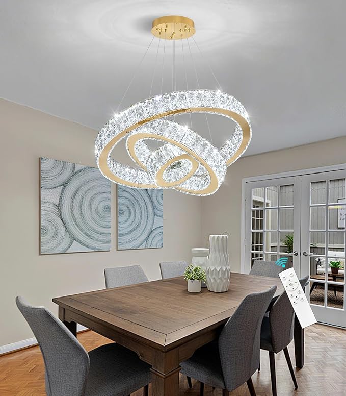 Modern Crystal Chandelier 36W Dimmable LED Ceiling Light Fixture with Remote Luxury Adjustable Pendant Light for Living Room Dining Room Gold