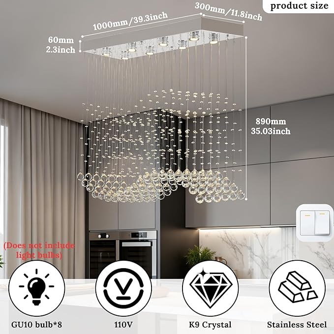 Finktonglan 39.4" Rectangular Crystal Chandelier for Kitchen Island, 8-Light Linear Island Pendant Light, GU10 Base (Bulbs Not Included), Height Adjustable Modern Dining Room Ceiling Light