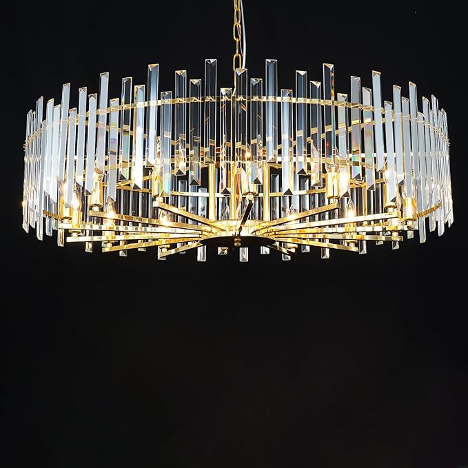 Gold Crystal Chandeliers for Dining Room, 39.4" Modern Round Chandelier Large Adjustable Height Ceiling Hanging Pendant Light Fixture for Dining Living Room Bedroom