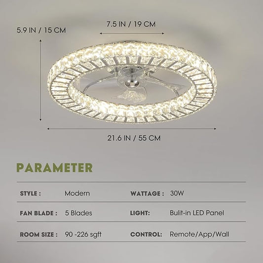 LUDOMIDE 22" Modern Crystal Chandelier Ceiling Fan With Light, Smart 4-Light Color Change, LED Fandelier, Low Profile for Bedroom (Silver)
