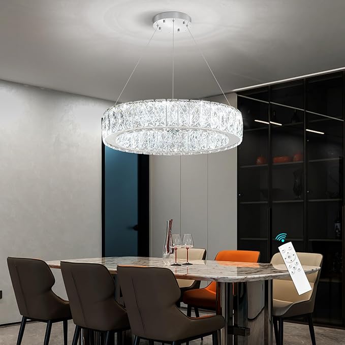 Modern Crystal Chandelier 15W LED Dimmable Lighting Fixture Adjustable Round Pendant Light for Dining Room Living Room Kitchen Bedroom Silver