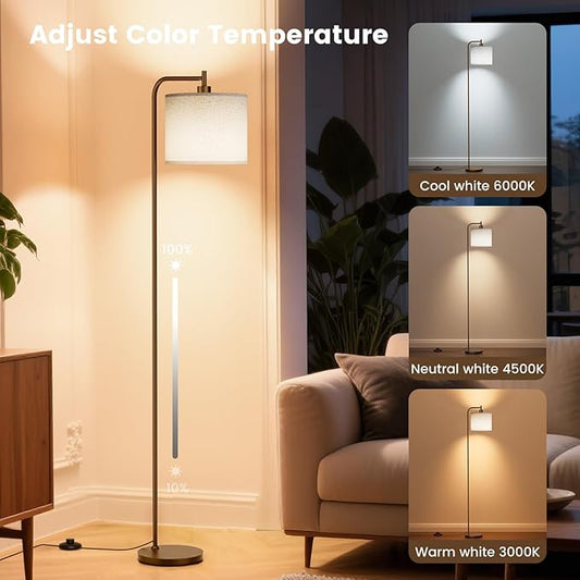 SIBRILLE Floor Lamp with Linen Shade, Dimmable Tall Standing Lamp with Remote Control & 3 Color Temperatures, Modern Corner Floor Lamps for Living Room Bedroom Office, 9W LED Bulb Included