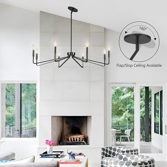 38" Black Chandeliers for Dining Room, 8-Light Modern Farmhouse Candle Style Chandelier, Industrial Hanging Ceiling Light Fixture for Living Room, Kitchen Island, Living Room