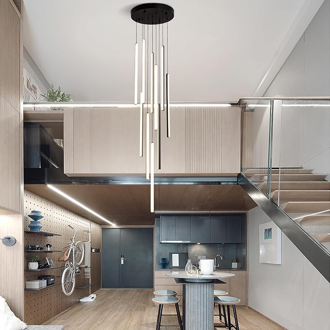 HuisMier Modern LED Chandelier, 10 Lights Black Dimmable Linear Pendant Light with Remote Control, High Ceiling Chandelier Adjustable Height for Staircase Living Room Hallway Foyer