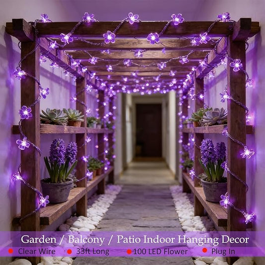 Decorative Connectable 33ft Purple Flower String Lights with 100 LEDs, Memory Function & 8 Modes. Perfect for Bedroom, Christmas, Weddings, Valentine's & Garden Indoor Outdoor Hanging Decorations