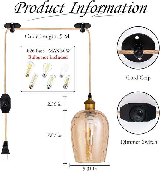 Amber Plug in Pendant Light with Plug in Cord 16.4FT Cord Hand Blown Glass Hanging Lamp with Dimmable Switch E26 Plug in Ceiling Light Fixture for Dining Room Living Room Bar (Bulb not Included)