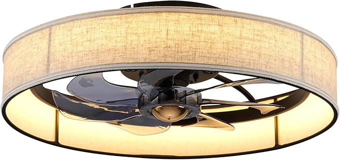 XUDOM19.6 Farmhouse Low Profile Flush Mount Ceiling Fan with Light and Remote,Fabric Bladeless Caged Fandelier with APP Control 6 Speed DC Motor,Timer,LED Dimmable for Bedroom,Living Room