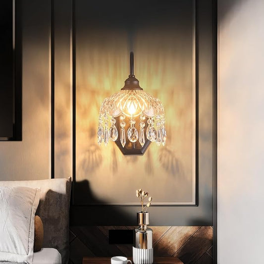 2-Pack Vintage Wall Sconce,Glass Crystal Wall Sconce,Matte Brushed Antique Black Finish Set of Two for Bedroom Bathroom Hallway Living Room Decor