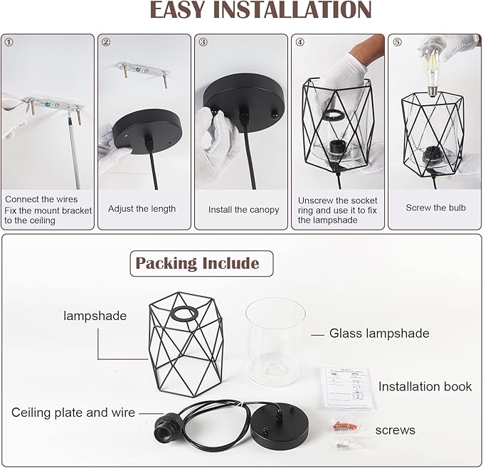 Black Pendant Light Over Table Cage Blown Clear Seeded Glass Farmhouse Hanging Light Fixture Industrial Adjustable Cord for Kitchen Island Dining Room Above Sink
