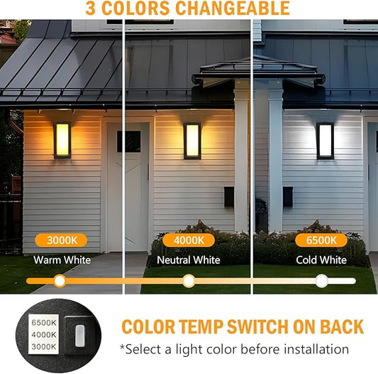 wowlite Outdoor Wall Lights for House 2 Pack, LED Exterior Lighting Fixtures 3 Colors Changeable, Matte Black Outdoor Sconce Lights, IP65 Waterproof Front Porch Light for Garage Garden Patio