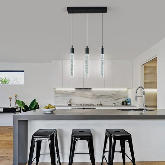 Kitchen Island Lighting Modern Light Fixture Black Pendant Light Dimmable LED Black Finish Mini Crystal Pendant Lights for Dining Room Living Room(3-Light )
