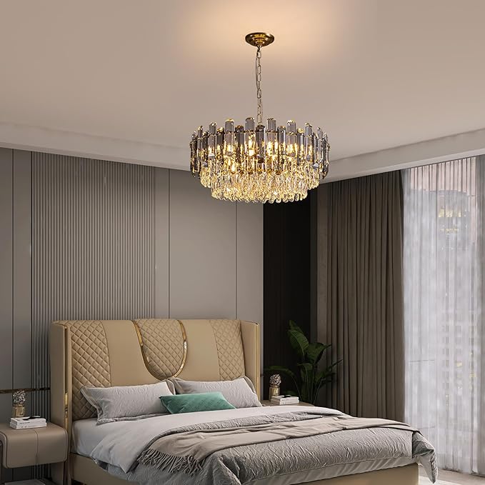 7PM Gold Crystal Chandeliers, 24-inch 4-Tier Modern Crystal Chandelier for Dining Room, Luxury Crystal Pendant Light Ceiling Light Fixture for Living Room Kitchen Island Bedroom Entryway, Brass Finish