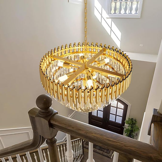Modern Gold Crystal Chandelier, 24" 10-Light Round Chandelier,5 Tiers Ceiling Pendant Light, Large Adjustable Hanging Raindrop Chandeliers for Dining Room, Foyer, Living Room, Staircase