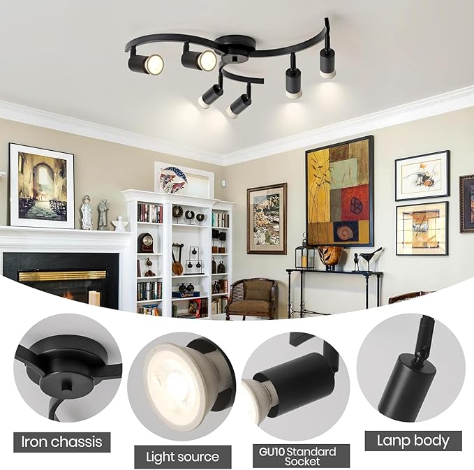 6 Light Track Lighting Fixtures Ceiling, Flexibly Rotatable Light Heads, Black Semi Flush Mount Ceiling Light for Kitchen Dining Room Living Room.Gu10 Bulb Base.
