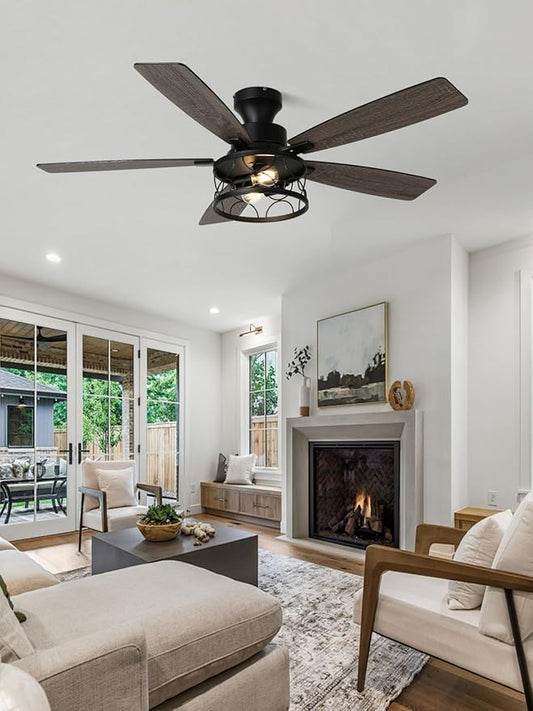 52 Inch Farmhouse Ceiling Fan with Lights Remote Modern Caged Chandelier Fan Rustic Fandelier, 5 Dual Blades, Reversible Quiet DC Motor 6 Speeds for Bedroom Patio (Metal Caged)