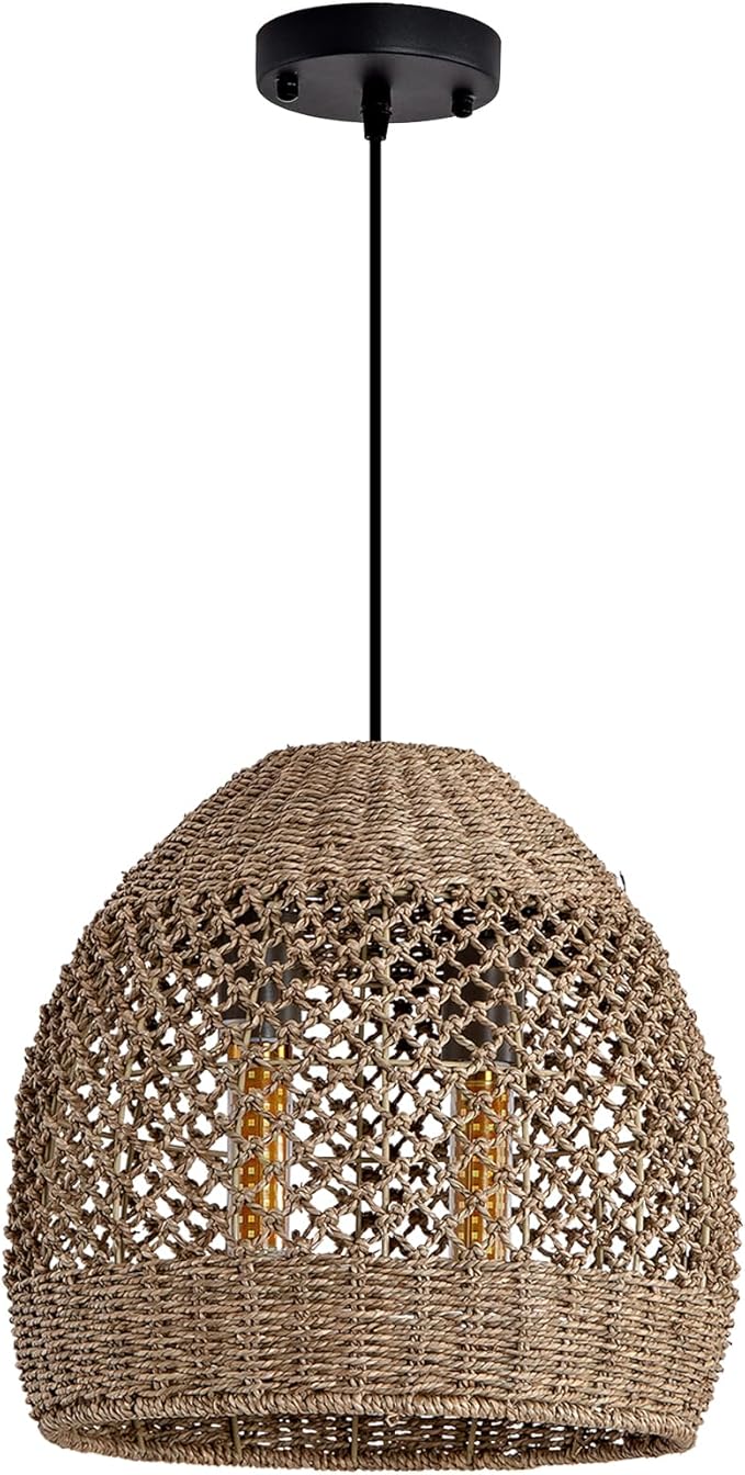2-Light Rattan Pendant Light, 13.78" Handwoven Boho Pendant Light, Rattan Wicker Hanging Ceiling Lighting Chandelier for Kitchen Island Restaurant Bedroom Living Room