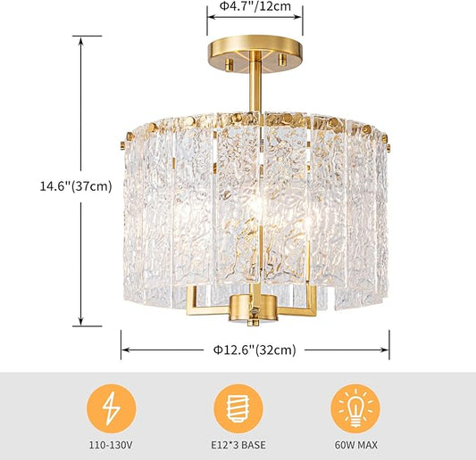 LumFurn 3-Light Modern Ceiling Light for Living Room, Bedroom, Foyer, Kitchen, Close to Ceiling Semi-Flushmount Light Fixture, D12.6 x H14.6, Handmade Glass Shade & Gold Finish Frame