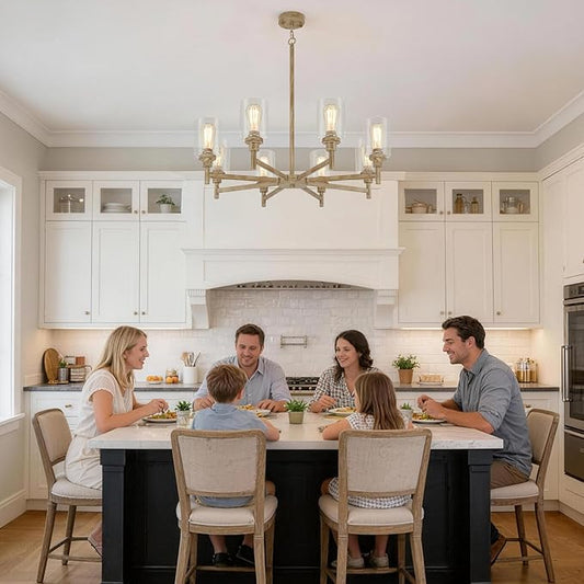 Farmhouse Chandeliers for Dining Room Light Fixture | 8 Light Rustic Chandeliers Over Table | Fake Wood Hanging Lighting with Clear Glass Cover for Living Room | Kitchen Island | Entryway | Bathroom