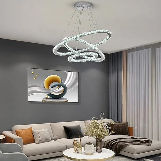 Siljoy LED Chandelier, Modern Ceiling Light Fixture with 3 Crystal Chandelier Lighting Rings, DIY & 3-Color Changing 3 Rings Adjustable Chandeliers for Living Room Dining Room Kitchen, D 12"-20"-28"