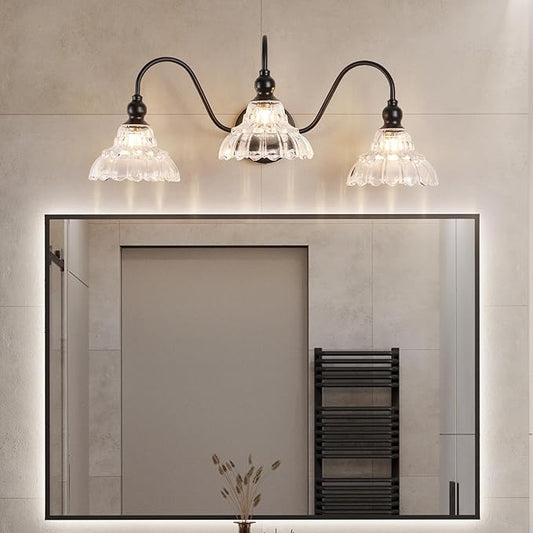 Vintage Bathroom Vanity Light Fixtures Antique 3-Light Black Vanity Lights Crystal Glass Shades Bathroom Lighting for Mirror Bedroom