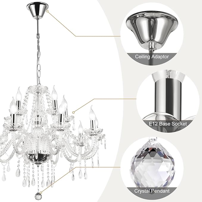 Baotree Modern Elegant 8 Lights K9 Crystal Glass Chandelier Pendant Ceiling Lighting European Style for Dining Living Room Bedroom Transparent, 8 E12 Bulbs Required