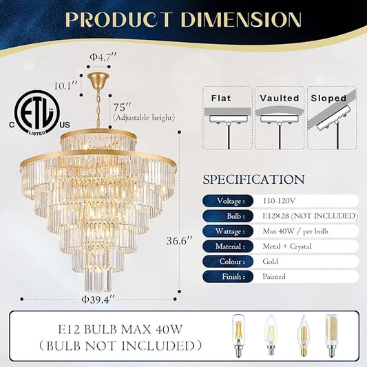 Crystal Chandeliers Large 40" 28 Lights Modern Round Chandelier Luxury Gold 7-Tier K9 Crystal Ceiling Pendant Lighting Fixture for Tall Ceiling Foyer Staircase Living Room