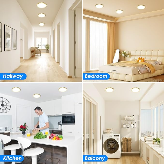 Peasur 7 Inch LED Ceiling Light Gold, 15W Slim Flush Mount Ceiling Light 3000K/4000K/6500K Adjustable, Modern Round Ceiling Lighting for Bedroom, Living Room, Kitchen (2-Pack)