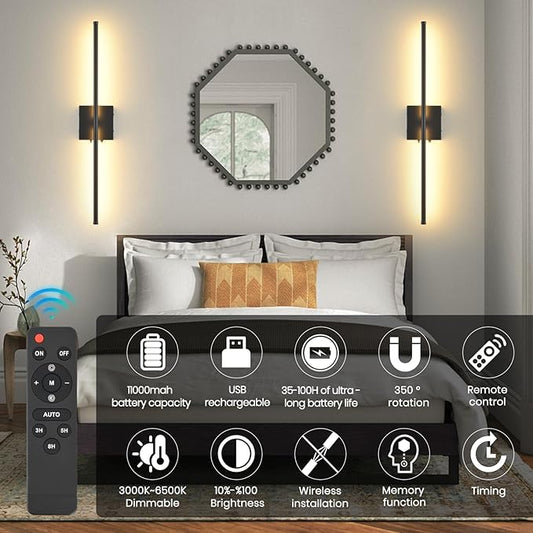 Battery Operated Wall Sconces with Remote Control, 11000mAh LED Wireless Rechargeable Black Wall Lights, 350°Rotate Dimmable Wall Lamp, 3 Color Temperatures, for Bedroom, Living Room, Hallway, 2 PCS