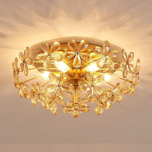 Modern K9 Crystal Chandeliers, Chic Style Close to Ceiling Light Fixture for Living Room, Bedroom, Dining Room, D18 x H8 in, Champagne Flower Crystal & Gold Finish Frame