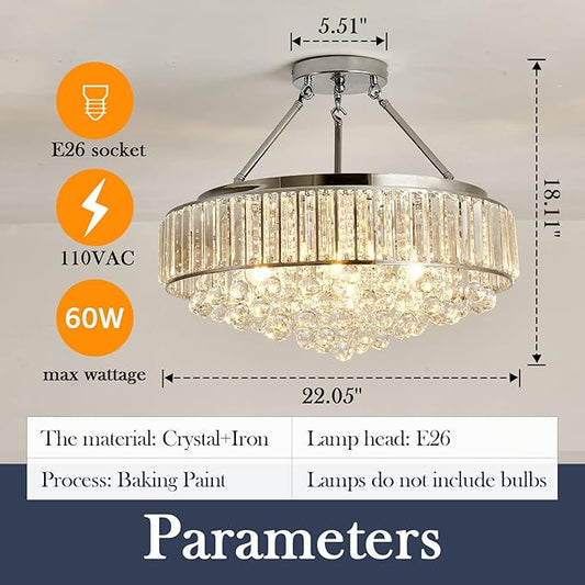 YYJLX 6 Light Modern Large Round Crystal Chandelier Chrome Semi Flush Mount Ceiling Light Fixtures E26 Ceiling Lamp for Dining Room Living Room Laundry Room Foyer Kitchen Balcony Bedroom(Silver).