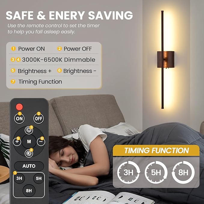 Rechargeable Battery Operated Wall Sconces, 11000mAh Faux Walnut Finish Wall Lights with Remote Control, 350°Rotate Dimmable Wall Lamp, 3 Color Temperatures, for Bedroom Living Room Hallway, 1 PCS
