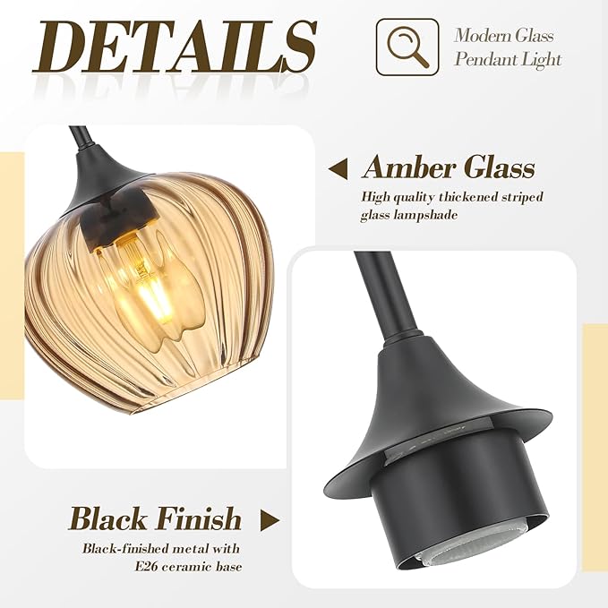 2Pack Amber Glass Pendant Light, 7 Inch Vintage Pendant Light Fixtures Modern Small Pendant Hanging Lights for Kitchen Island Dining Room Bathroom Coffee Bar
