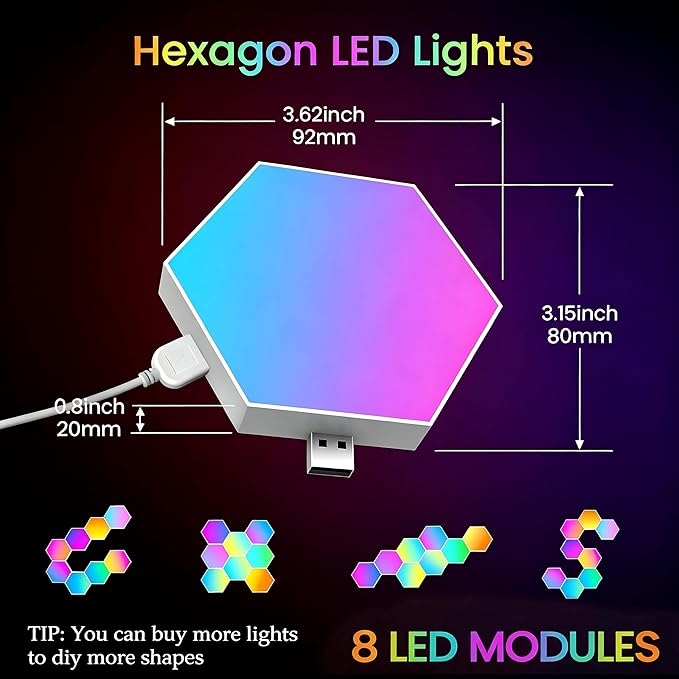 TISOFU 8 Pack Hexagon Lights LED Wall Panels, RGB Color Gaming Light Decoration with APP/Music Sync & Remote, Boys DIY Smart Modular Hexagonal Honeycomb Bedroom Glide Hex Tiles Panel