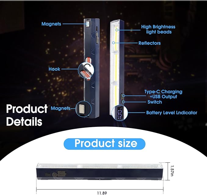 Magnetic Light BAR, 11.81-inches 5000mAh 6000 Lumens Rechargeable Portable Lamp Built in 165 LED Bulbs,with Handy Hook with 2 Magnets Endurance