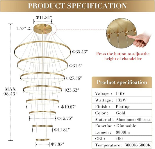 Modern LED Chandeliers 35" Brushed Gold 8-ring Big LED Chandelier for High Ceiling with Remote Control Hanging Height Adjustable Max 98" Long Chandelier for Foyer Living Room Entry Staircase