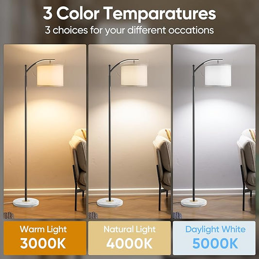Floor Lamp for Living Room with Marble Base, Modern Standing Lamp with 3 Color Temperatures Bulb & Adjustable Linen Shade, Tall Lamp for Bedroom Office Reading Nursery