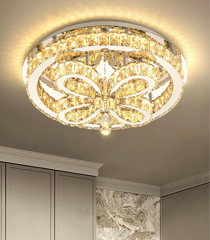Modern Crystal Chandelier LED 2-Tier Flush Mount Ceiling Lighting Dimmable Pendant Light for Living Room Bedroom Dining Room Entryway Hallway