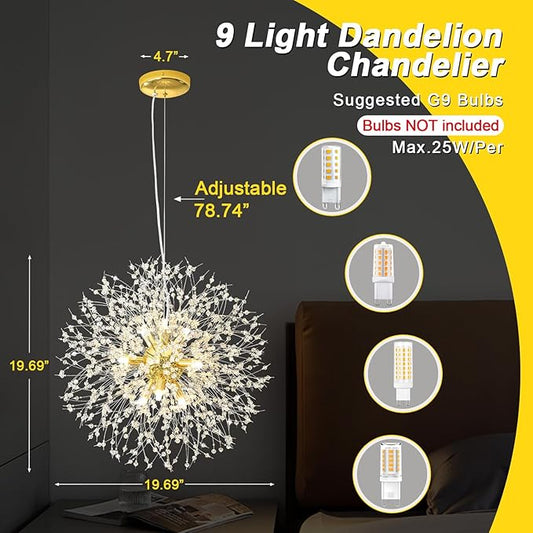 Qamra Modern Gold Crystal Chandeliers, Firework Dandelion Sputnik Chandelier Light Fixture Pendant Lighting for Dining Room, Bedroom, Kitchen, Living Room(9-Light, Gold)