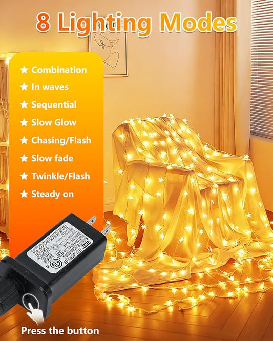 Twinkle Star 100 LED Star String Lights, 33FT Plug in Fairy String Lights Waterproof for Bedroom Decor, Indoor, Outdoor, Wedding Party, Christmas Tree, New Year, Ramadan, Warm White