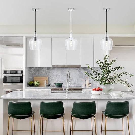 10”Chrome Hammered Glass Pendant Light Modern 1 Light Single Dome Pendent Lighting Fixtures for Kitchen Island Dining Room Hallway, UL Listed