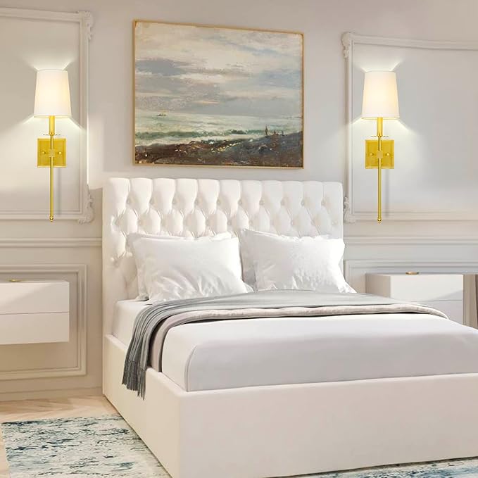Untrammelife Gold Wall Sconces Set of Two, Farmhouse Sconces Wall Lighting with Dimmer ON/Off Switch, Industrial Hardwired Wall Lamps for Bedrooms, Living Room, Bathroom, Vanity (Bulbs Included)