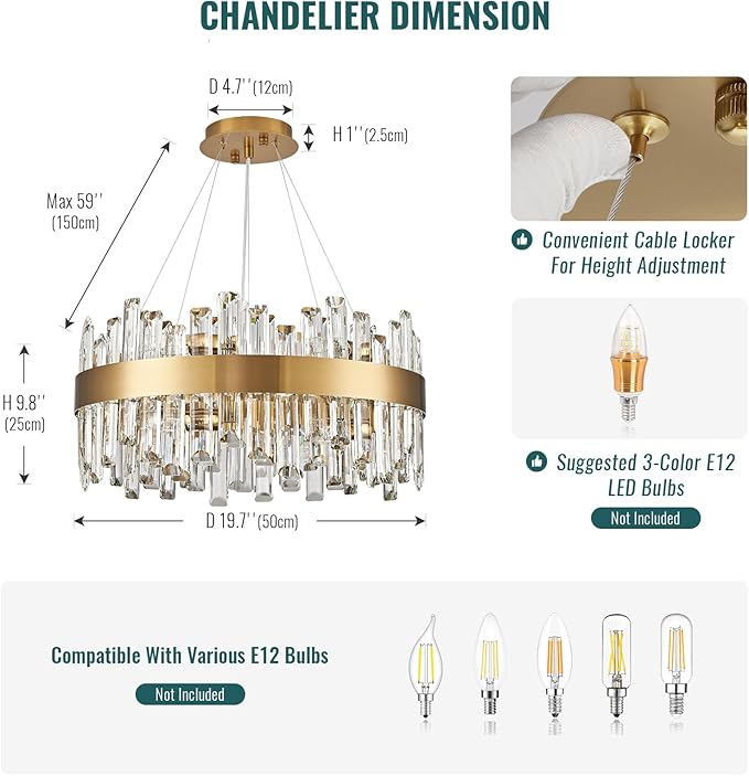 Siljoy Modern Gold Round Crystal Chandelier, 12-Light Luxury 2-Tiers K9 Crystal Raindrop Chandelier, Dimmable Crystal Ceiling Light for Dining Room Living Room Bedroom Foyer D19.7''