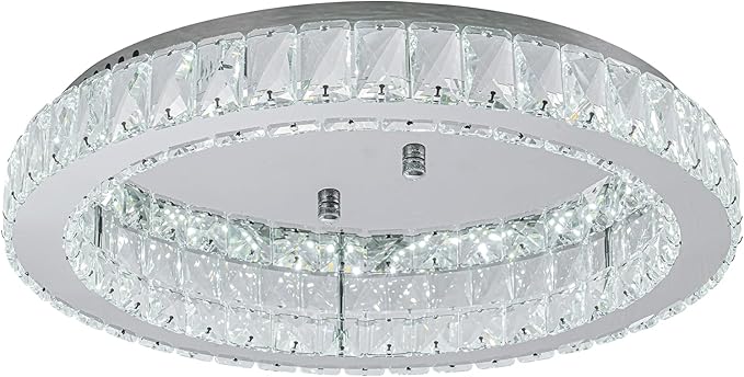HOPGGIE 18" Crystal Chandelier LED Modern Chandelier Light Round Ring Flush Mount Ceiling Light Fixtures for Living Room Bedroom Dining Room (Cool White)