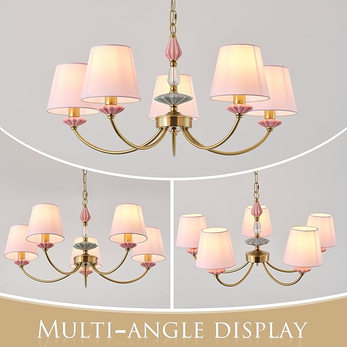 Pink Chandelier for Bedroom Light Fixture, Brushed Gold Art Deco Chandelier with Fabric Shade,Antique Modern Chandeliers paired with Ceramic for Girls Bedroom,Living Room,Dining Room