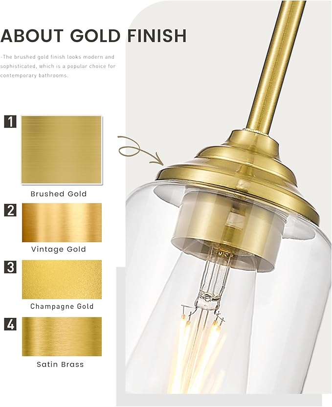 zeyu Gold Pendant Light Fixtures 2 Pack, Vintage 1-Light Hanging Lamp, Kitchen Pendant Lighting Over Island with Clear Glass Shade, Brushed Gold Finish, ZSL104MIL-2 BG