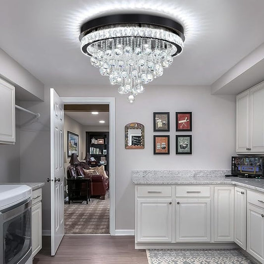 Dia 24" Modern Crystal Chandeliers for Dining Room,Black Raindrop Chandelier Flush Mount Chandeliers for Living Room Bedrooms Dining Room Dimmable 2700k 4500k 6000k