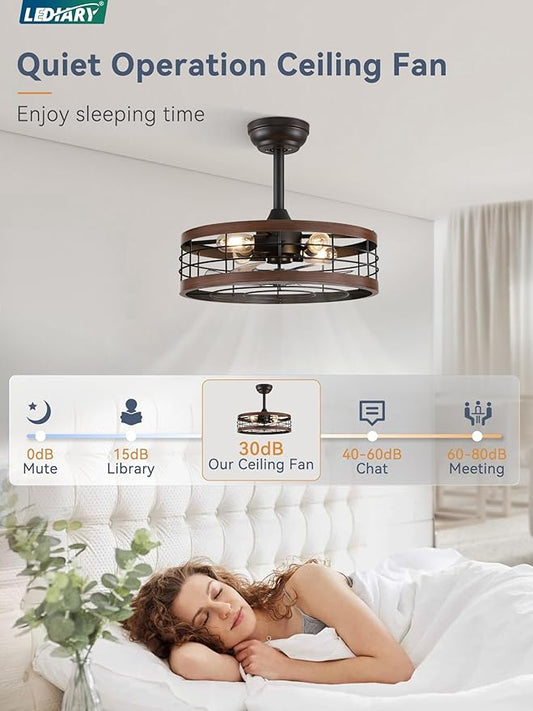LEDIARY 18 inch Black Caged Ceiling Fan with Light, Bladeless Industrial Ceiling Fan with Remote, Farmhouse Fan Lights Ceiling Fixtures for Kitchen, Bedroom, Outdoor(6 Speed, Timing)-Walnut