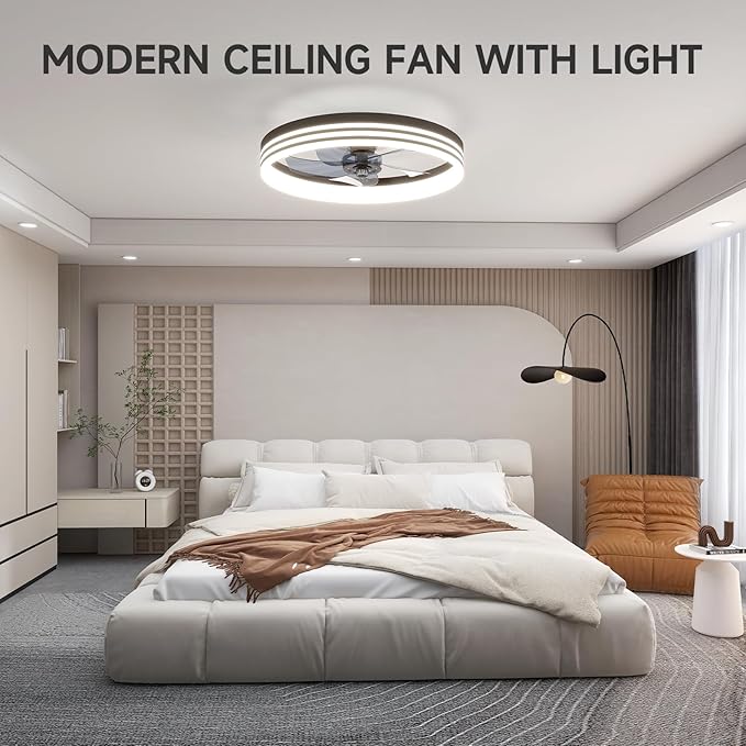 VOLISUN Low Profile Ceiling Fans with Lights and Remote, 19.7in Flush Mount Ceiling Fan with Light, 3000K-6500K Dimmable Fandelier LED Fan Light, Black Bladeless Ceiling Fans with Lights for Bedroom