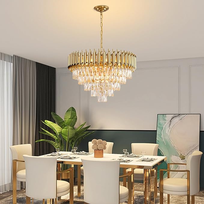 Gold Crystal Chandeliers Modern Round Chandelier for Dining Room 5 Tiers Ceiling Pendant Light Fixtures Large Ceiling Chandeliers for Foyer Living Room Bedroom Foyer entryway 24” 12 Lights