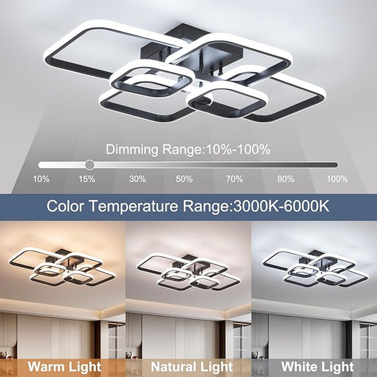 31.5" Modern LED Ceiling Light 6-Square Dimmable Ceiling Light Fixtures with Remote 3000K-6000K Black Close to Ceilings Lamp 60W for Living Room, Bedroom